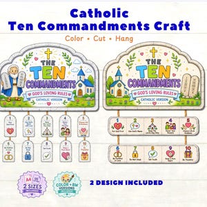 May include: A Catholic Ten Commandments craft kit featuring two distinct designs with colorful illustrations of a church, stone tablets, and numbered icons. The text includes The Ten Commandments, God's Loving Rules, and Catholic Version. Includes A4 and US letter sizes.