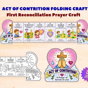 May include: An Act of Contrition folding prayer craft for First Reconciliation featuring colorful illustrations of children, hearts, and crosses. The set includes both pre-colored and black-and-white versions with text panels explaining prayer steps and an instant download star icon.