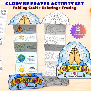 May include: A Glory Be prayer activity set featuring folding crafts, colouring pages, and tracing sheets. The set includes illustrated prayer cards with praying hands, a cross, a dove, the earth, and a sun, alongside text reading Glory Be A Prayer of Praise.