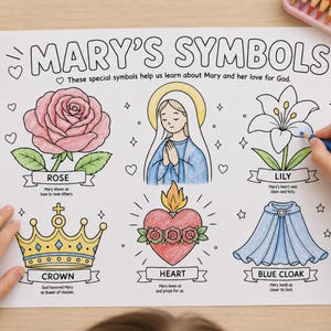 Mary Symbols Catholic coloring page printable for kids with rose crown heart lily and blue cloak illustrations