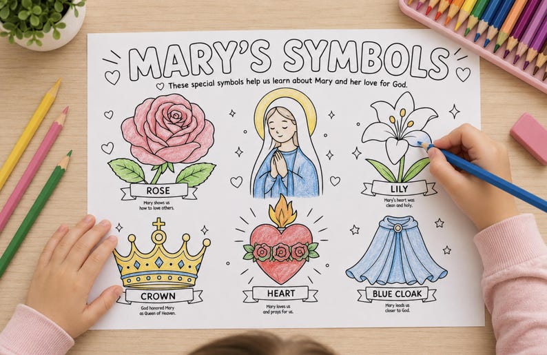 Mary Symbols Catholic coloring page printable for kids with rose crown heart lily and blue cloak illustrations