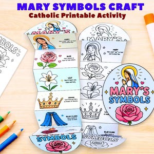 Catholic Mary Symbols folding craft printable for kids with color and black and white versions for CCD and Sunday school