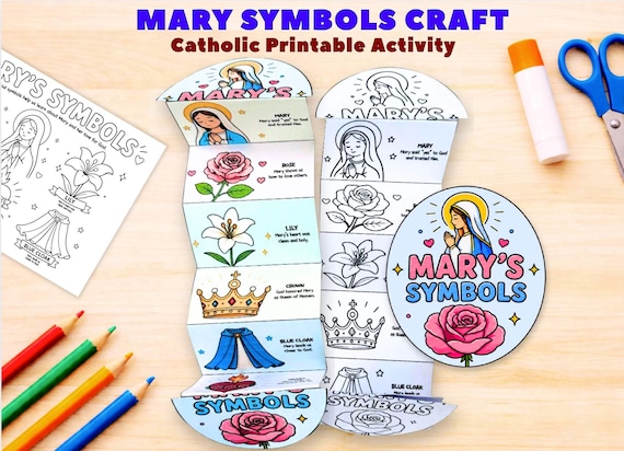 Mary Symbols Folding Craft, Catholic Printable Activity for Kids, CCD Lesson, Sunday School Craft, Homeschool PDF, Coloring Page Worksheet