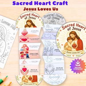 May include: A craft kit with the text "Sacred Heart Craft" and "Jesus Loves Us." The kit includes coloring pages and a pop-up card with illustrations of Jesus and children, hearts, and religious themes. Colored pencils are visible.