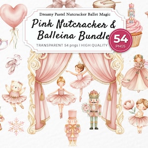Puede incluir: Un paquete de arte digital con un tema de Cascanueces y bailarina rosa. La imagen incluye ilustraciones de bailarinas, cascanueces, un oso de peluche, un globo en forma de corazón y otros elementos temáticos de ballet. El texto dice "Pink Nutcracker & Balleina Bundle" y "54 PNGS".