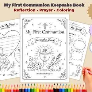 Herinneringsboek voor de Eerste Heilige Communie voor kinderen, Katholiek reflectiedagboek, printbare PDF met geheugenactiviteiten, kleurplaten voor het eucharistisch gebed