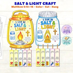 May include: A Salt & Light craft kit featuring two hanging designs: a yellow lantern and a blue salt shaker, both with the text I CAN BE SALT & LIGHT. Includes five hanging strips with prompts, black and white templates, and size labels.