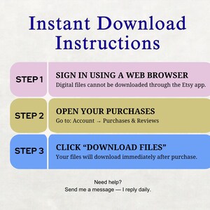 K&ouml;nnte beinhalten: Eine Anleitungsgrafik mit dem Titel "Sofort-Download-Anweisungen" in Dunkelblau. Die Schritte sind nummeriert und farbcodiert: Schritt 1, Melden Sie sich mit einem Webbrowser an; Schritt 2, &Ouml;ffnen Sie Ihre K&auml;ufe; Schritt 3, klicken Sie auf "Dateien herunterladen".