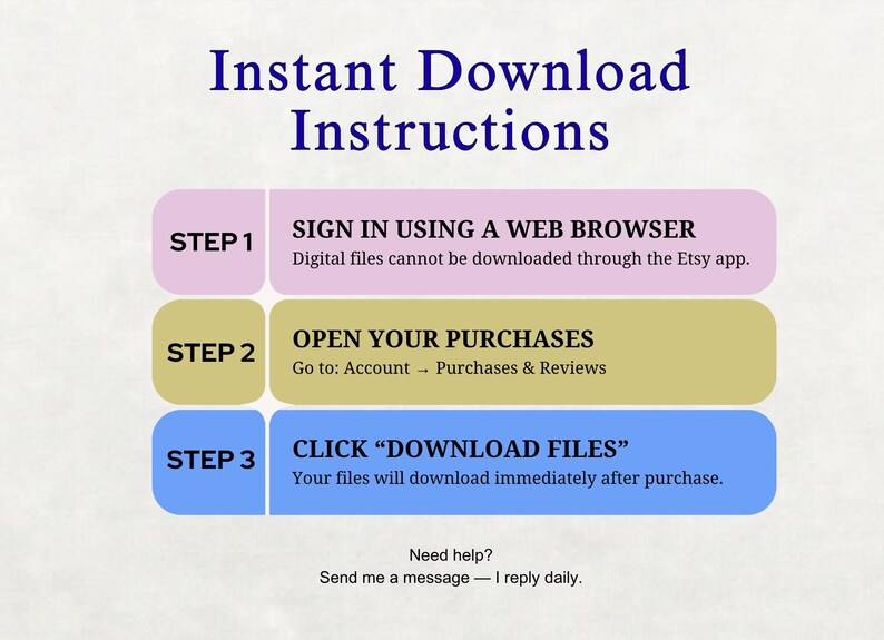 K&ouml;nnte beinhalten: Eine Anleitungsgrafik mit dem Titel "Sofort-Download-Anweisungen" in Dunkelblau. Die Schritte sind nummeriert und farbcodiert: Schritt 1, Melden Sie sich mit einem Webbrowser an; Schritt 2, &Ouml;ffnen Sie Ihre K&auml;ufe; Schritt 3, klicken Sie auf "Dateien herunterladen".