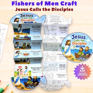 Könnte beinhalten: Ein Papierbastelset mit dem Titel Fishers of Men Craft Jesus Calls the Disciples, bestehend aus einem faltbaren Leporello-Heft mit farbigen und schwarz-weißen Illustrationen biblischer Szenen, einer Malvorlage und einem Symbol für den Sofort-Download.