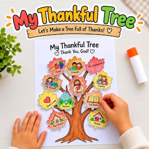 Op de afbeelding: Een papieren knutselactiviteit getiteld My Thankful Tree met een bruine boomstam en diverse kleurrijke uitgeknipte bladeren. Elk blad toont illustraties en tekst, waaronder Food, Friends, My Grandparents, My Teachers, Jesus, Family, God's Love, Nature, The Bible, My Church en Home.