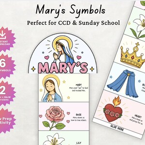 Color Mary Symbols folding craft printable activity for Catholic homeschool and CCD lessons