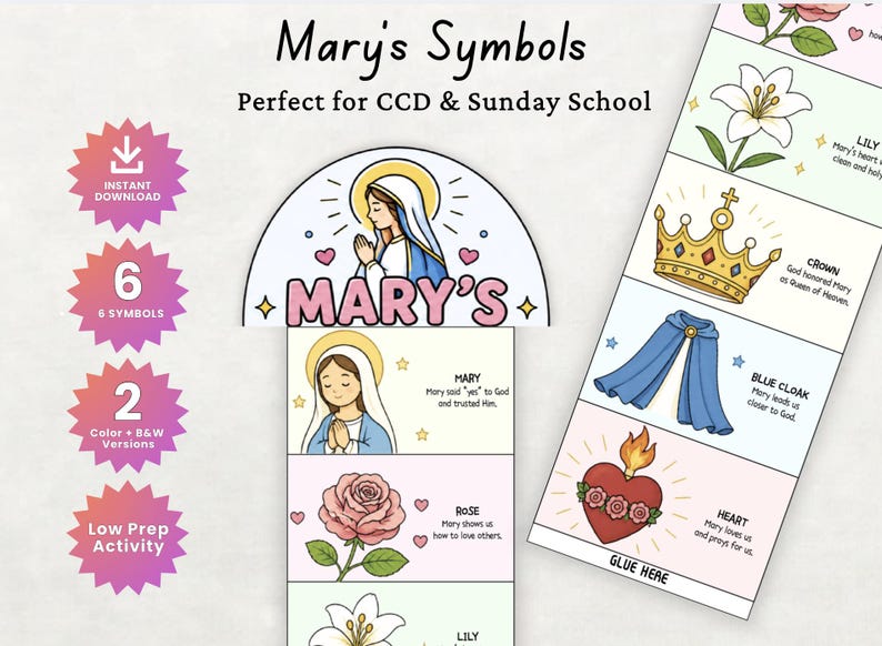 Color Mary Symbols folding craft printable activity for Catholic homeschool and CCD lessons
