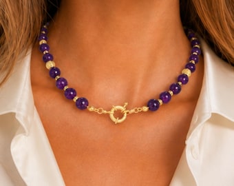 Handgefertigte Halskette aus natürlichen Amethystperlen | Vergoldete Messingakzente | Schmuck zum Kombinieren
