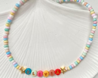 Personalized Name Necklace, Pastel Seed Beads, Gold Star Charms, Kids Jewelry