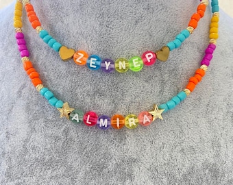 Personalized Name Necklace, Colorful Seed Bead Kids Jewelry, Gold Star or Heart Accents
