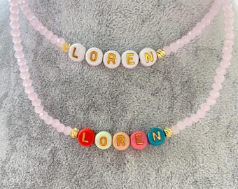 Personalized Girls Beaded Name Necklace, Custom Children Jewelry, Flower Girl Pink Crystal Necklace Gift
