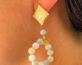 Handmade Aquamarine Gold Plated Brass Dangle Earrings, Minimal Elegant Jewelry