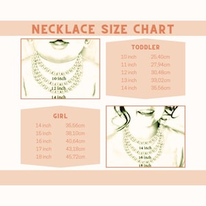 May include: A necklace size chart with illustrations and measurements. The chart includes sizes for toddlers and girls, ranging from 10 inches (25.40 cm) to 18 inches (45.72 cm). The text "NECKLACE SIZE CHART" is at the top.