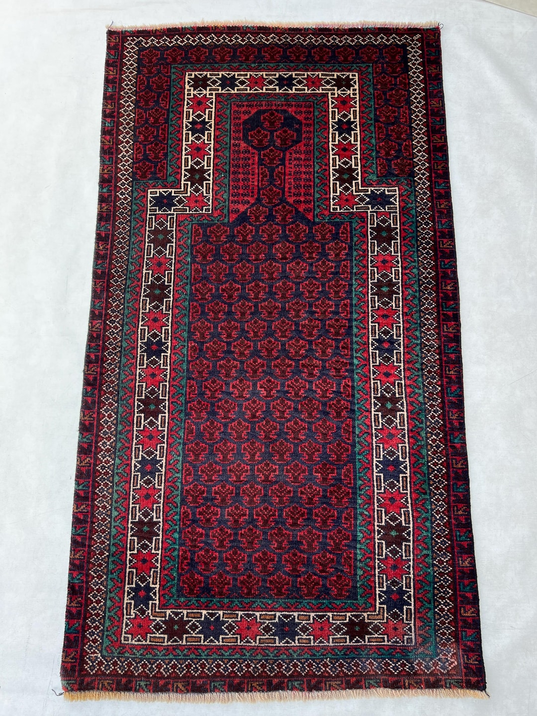 Handmade Baluchi Prayer Rug , Vintage Afghan Tribal Carpet, Deep Red ...