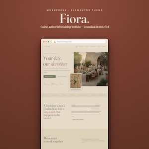 May include: A digital interface for the Fiora WordPress Elementor theme, featuring a beige layout with brown text. The screen displays the text 'Your day, our devotion,' a photograph of an outdoor wedding reception, and a small floral image overlay.