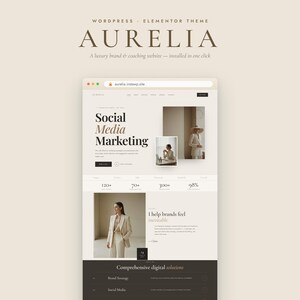 May include: A WordPress Elementor theme titled Aurelia, featuring a luxury brand and coaching website layout. The design uses a neutral color palette with serif typography, displaying sections for social media marketing, statistics, and digital services.