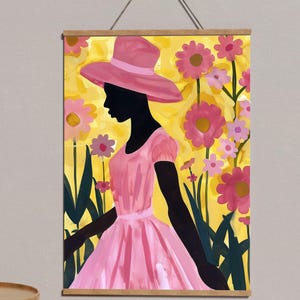 Floral Woman Silhouette Art Print: Modern Feminine Home Decor, Modern Feminine Wall Art with Pink Dress and Colorful Flowers, Vibrant Decor
