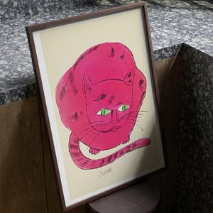 Pink Cat Art Print – Whimsical Pop Art Cat Illustration, Modern Colorful Animal Poster, Playful Framed Artwork