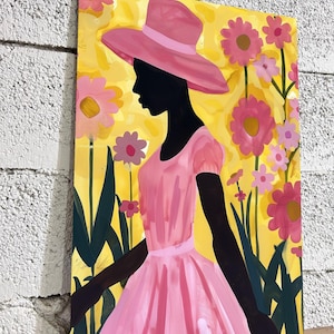 Modern Floral Woman Art, Elegant Lady Painting, Pink Dress Wall Print, Silhouette Girl Artwork, Garden Flower Print, Feminine Fashion Decor