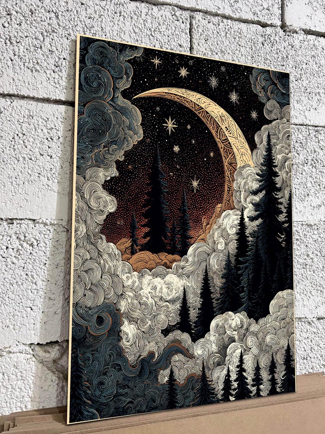 Mystic Crescent Moon & Forest Night Art – Swirling Sky Illustration on ...