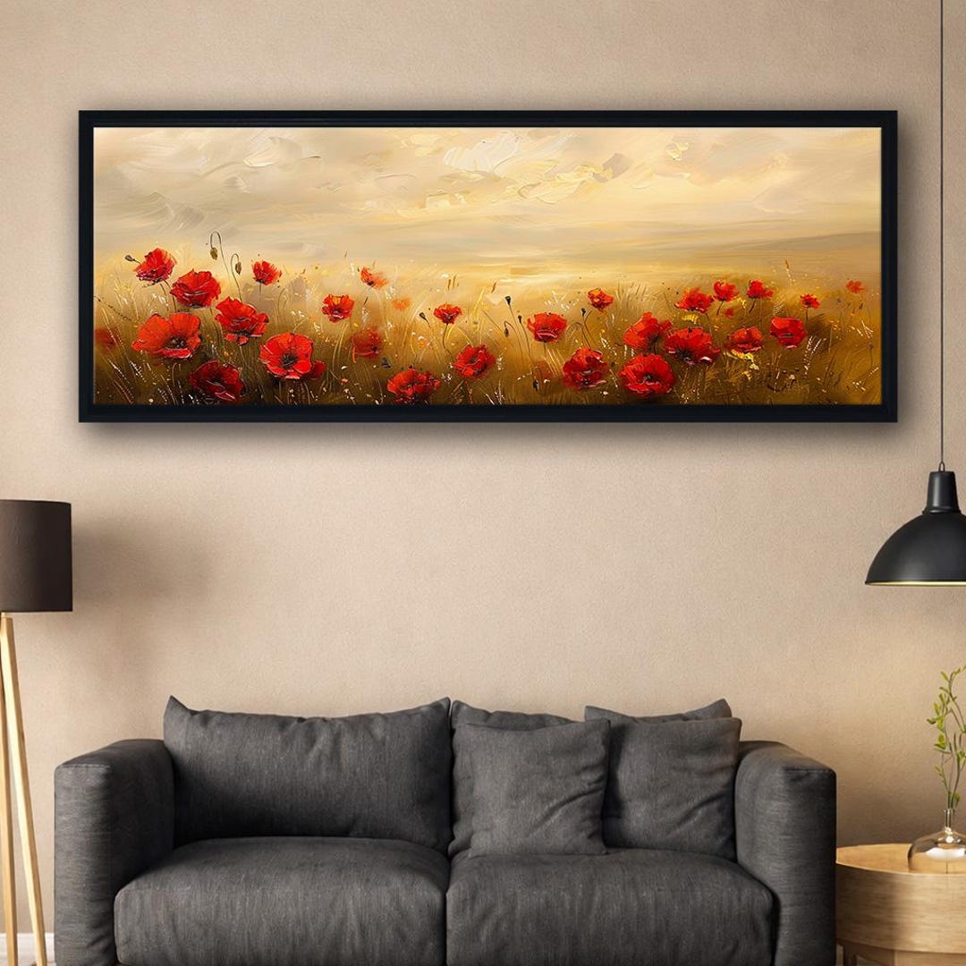 Red Poppy Field Wall Art Canvas Print, Panoramic Floral Landscape ...