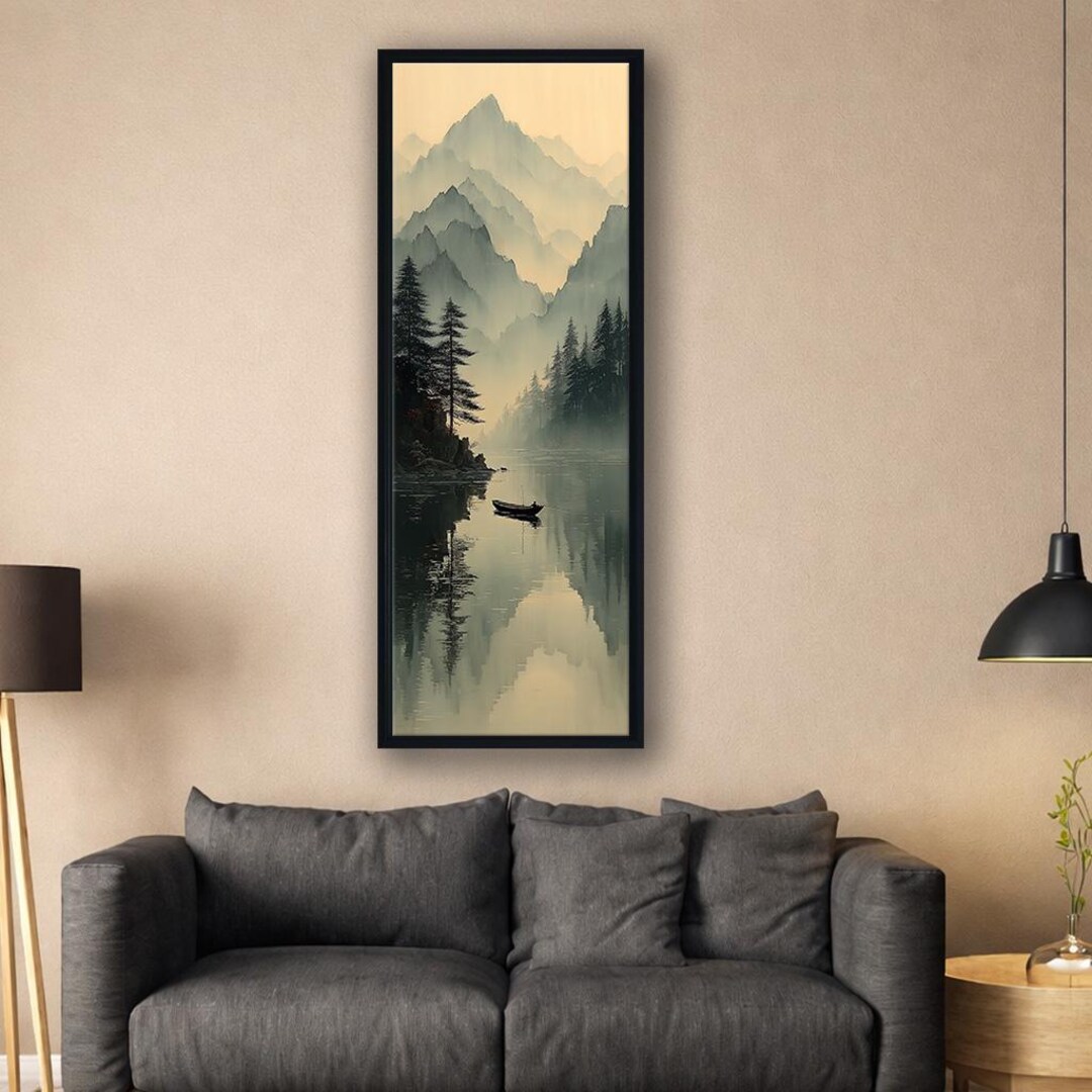 Misty Mountain Lake Canvas Wall Art, Vertical Serene Landscape Painting ...