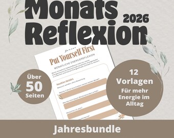 Selbstreflexion Template für jeden Monat 2026 – Energiehaushalt & Achtsamkeit bewusst analysieren | Jahresbundle | Selfcare-Template