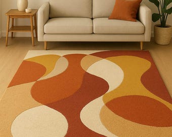 Modern abstract vloerkleed uit het midden van de eeuw | Retro wervelingspatroon | Terracotta, mosterd en room