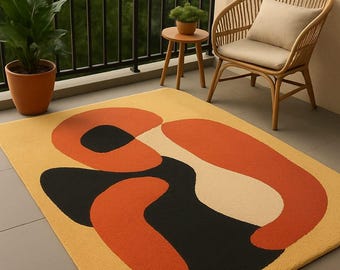 Hand Tufted Abstract Area Rug: Modern Yellow, Orange & Black Balcony Decor