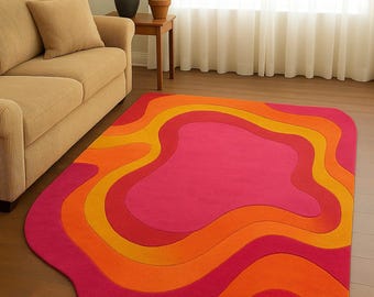 Retro Wavy Tufted Area Rug Mid Century Modern Groovy Decor Large Pink & Orange Abstract Swirl Carpet for Living Room Funky 70s Home Decor