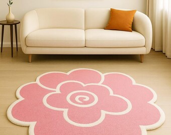 Pink Flower Shaped Rug - Aesthetic Scalloped Floral Area Rug - Cute Daisy Accent Carpet for Bedroom, Living Room, Nursery Decor