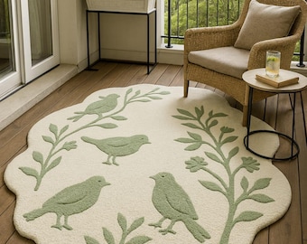 Hand-Tufted Bird & Leaf Rug: Cream and Green Nature Design
