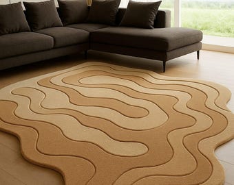 Hand-Tufted Wavy Rug | Brown & Beige Abstract Area Carpet