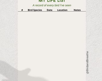 Lista imprimible de aves avistadas, registro de avistamientos de aves, diario de seguimiento de aves, hoja de trabajo de observación de la naturaleza