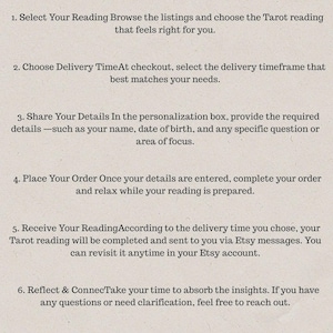 Peut inclure: Graphique beige expliquant le fonctionnement d'une commande de lecture de tarot, intitul&eacute; "How It Works". Les &eacute;tapes incluent la s&eacute;lection d'une lecture, le choix du d&eacute;lai de livraison, la saisie des d&eacute;tails, la commande, la r&eacute;ception et la r&eacute;flexion.