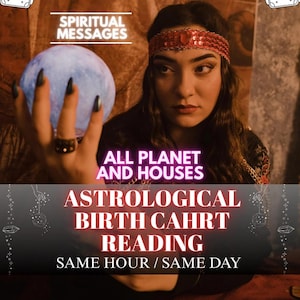 Puede incluir: Imagen que promociona lecturas espirituales. Una mujer con una diadema roja con lentejuelas sostiene un orbe azul brillante. El texto incluye "Mensajes Espirituales", "Todos los Planetas y Casas" y "Lectura de Carta Natal Astrol&oacute;gica, Misma Hora/Mismo D&iacute;a".