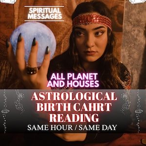 Può includere: Immagine che promuove letture di carte natali astrologiche. L'immagine presenta una donna con una fascia rossa con paillettes che tiene in mano un globo blu brillante. Il testo include "Messaggi Spirituali", "Tutti i Pianeti e le Case" e "Lettura della Carta Natale Astrologica, Stessa Ora/Stesso Giorno."