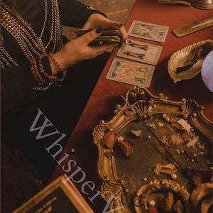 May include: A mystical scene featuring tarot cards on a red velvet table. A gold-framed tray with dried flowers and a book with geometric designs are also present. The image has a vintage aesthetic, with the text "Whisper Veil" visible.