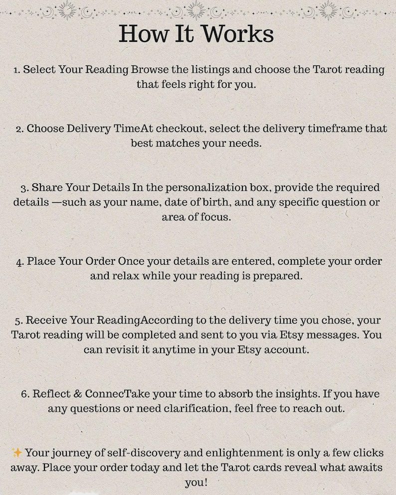 Puede incluir: Un gr&aacute;fico beige titulado "C&oacute;mo funciona" que explica los pasos para pedir una lectura de Tarot. Los pasos incluyen seleccionar una lectura, elegir el plazo de entrega, compartir detalles, realizar el pedido, recibir la lectura y reflexionar.