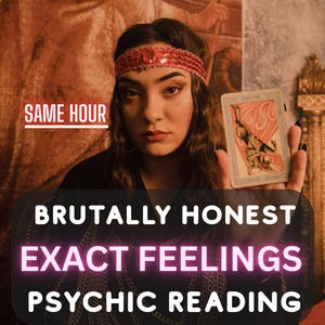 May include: A person wearing a red sequined headband and layered gold chains holds a tarot card. Text on the image reads: SAME HOUR, BRUTALLY HONEST, EXACT FEELINGS, PSYCHIC READING. The lighting is warm and dim with a textured background.