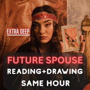 May include: A person wearing a red sequined headband and layered gold chains holds a tarot card featuring a red and tan illustration. Text on the image reads: EXTRA DEEP, FUTURE SPOUSE, READING+DRAWING, SAME HOUR.