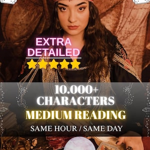 Puede incluir: Imagen de una mujer con cabello largo y oscuro y una diadema roja. El texto dice "EXTRA DETAILED" encima de cinco estrellas doradas. Debajo, el texto dice "10.000+ CHARACTERS MEDIUM READING SAME HOUR / SAME DAY".