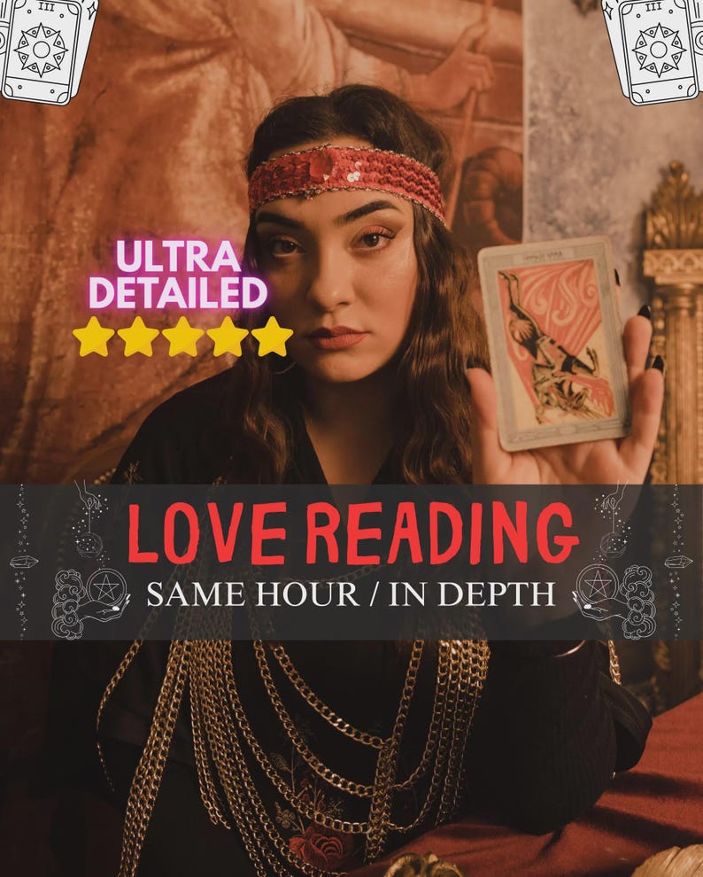 May include: A woman holding a tarot card, with the text "LOVE READING" and "SAME HOUR / IN DEPTH". The image has the text "ULTRA DETAILED" with five gold stars. The woman is wearing a red headband and gold chains.