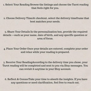 May include: A beige informational graphic titled "How It Works" with steps for ordering a Tarot reading. The steps include selecting a reading, choosing a delivery time, sharing details, placing an order, receiving the reading, and reflecting on the insights.